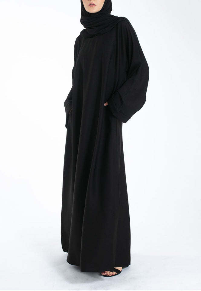Person wearing a black abaya and hijab on a white background